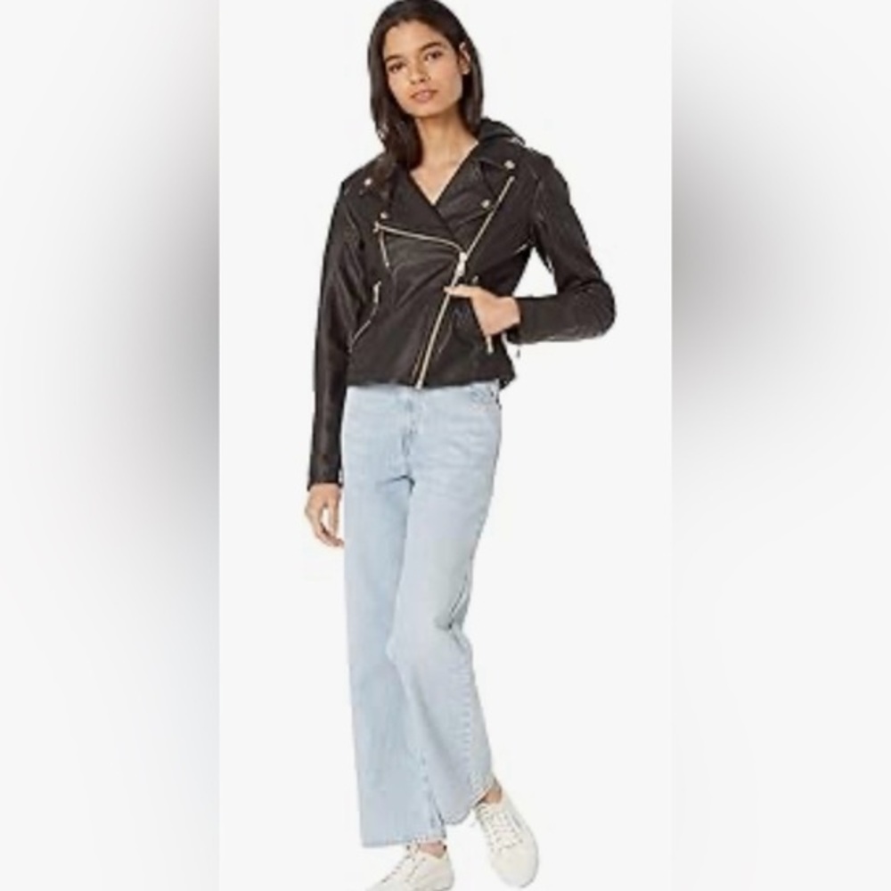Free People black vegan leather look Harriet Leather Moto hooded Jacket…